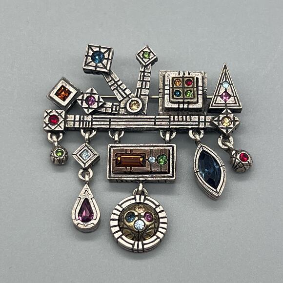 VTG Signed Patricia Locke Custom Jewelry Whimsical Rhinestones Brooch Silver Ton